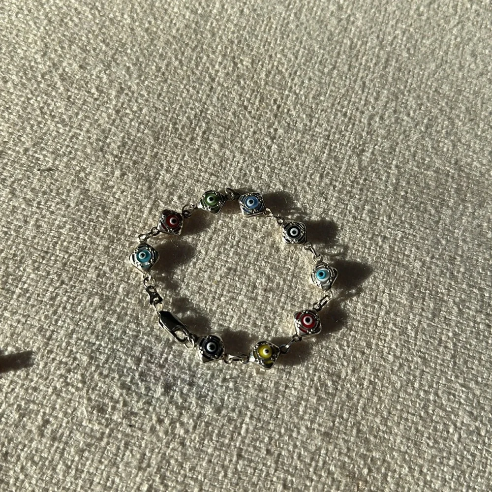Multicolor bead sterling silver evil eye bracelet small - Picture 2 of 6